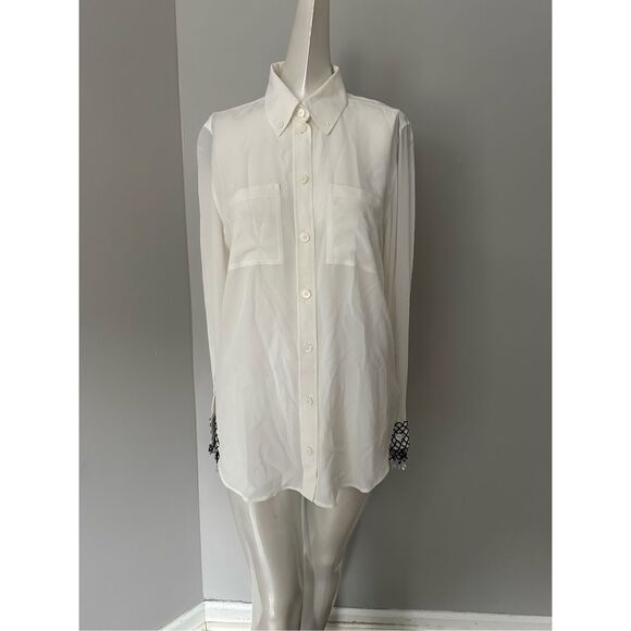 NWT Burberry Button Front Crystal Fringe Cuff Long Sleeve Silk Blouse Ivory Sz 6 - Picture 5 of 14